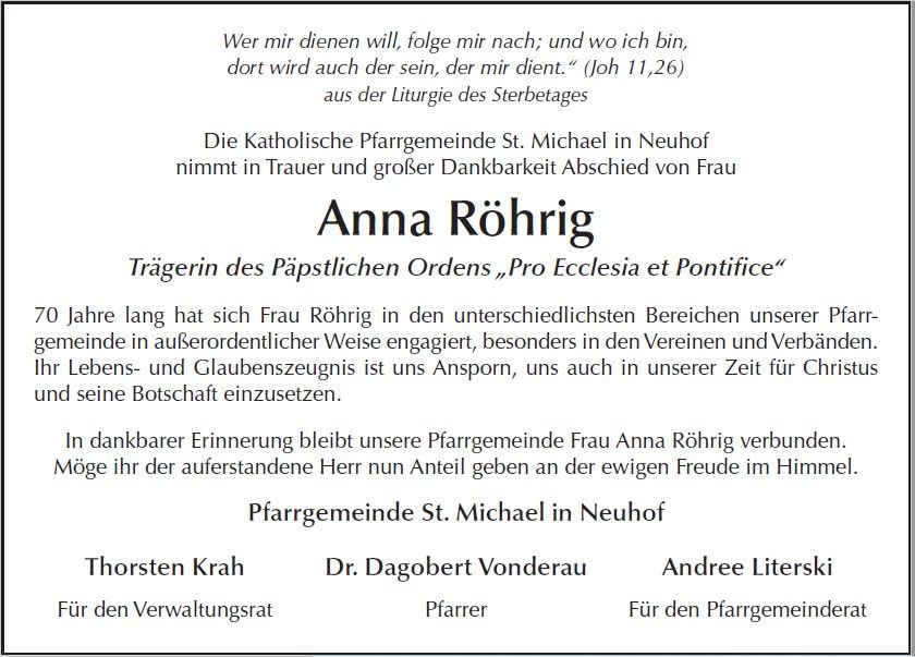 Nachruf Frau Anna Röhrig